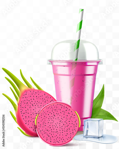 Clear plastic cup with dragon fruit juice or pitaya smoothie. Cup with sphere dome cap for milkshake, lemonade. Fruity organic shake. Fruit cocktail. Realistic 3d vector template