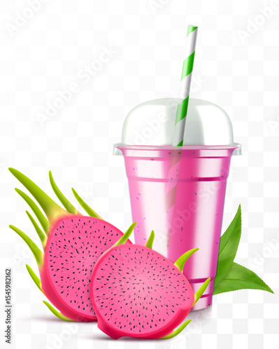 Clear plastic cup with dragon fruit juice or pitaya smoothie. Cup with sphere dome cap for milkshake, lemonade. Fruity organic shake. Fruit cocktail. Realistic 3d vector template