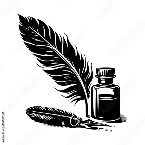 Vintage quill pen ink bottle writing design