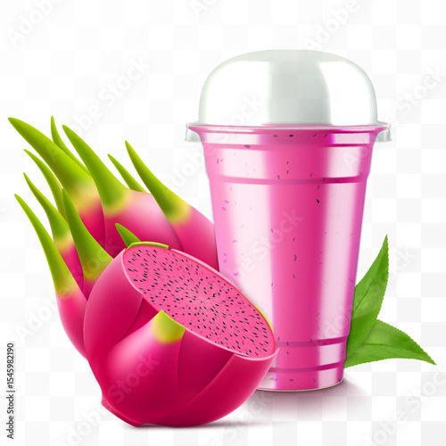 Clear plastic cup with dragon fruit juice or pitaya smoothie. Cup with sphere dome cap for milkshake, lemonade. Fruity organic shake. Fruit cocktail. Realistic 3d vector template