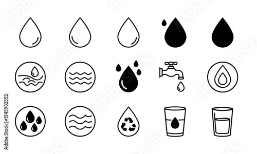 A collection of black and white icons representing water drops, faucets, and conservation. Versatile icons for water-related concepts in various applications.