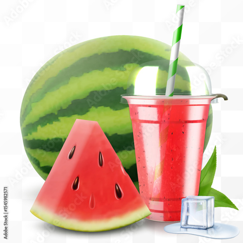 Clear plastic cup with watermelon juice or smoothie. Cup with sphere dome cap for milkshake, lemonade. Fruity organic shake. Fruit cocktail. Realistic 3d vector template