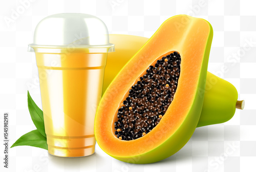 Clear plastic cup with papaya juice or smoothie. Fruit cocktail. Cup with sphere dome cap for milkshake, lemonade, cold or hot drink. Mug of fruity organic shake. Realistic 3d vector template