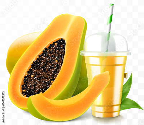 Clear plastic cup with papaya juice or smoothie. Fruit cocktail. Cup with sphere dome cap for milkshake, lemonade, cold or hot drink. Mug of fruity organic shake. Realistic 3d vector template