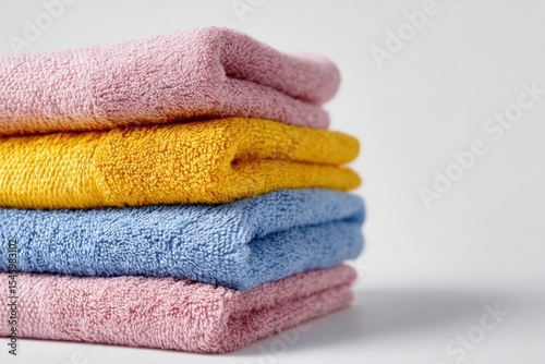Soft towels folded neatly on white background