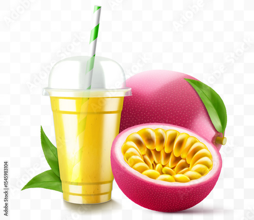Clear plastic cup with passion fruit juice or smoothie. Fruit cocktail. Cup with sphere dome cap for milkshake, lemonade, cold or hot drink. Mug of fruity organic shake. Realistic 3d vector template