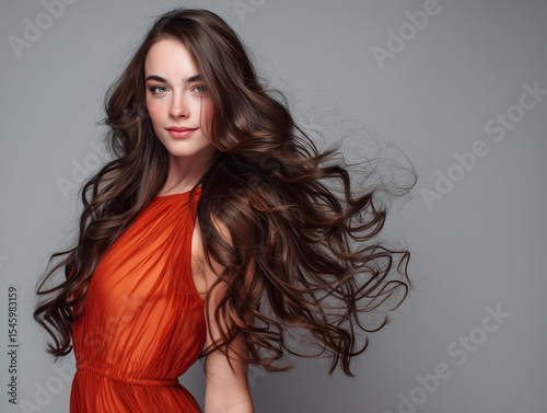 A photogenic model in red dress
