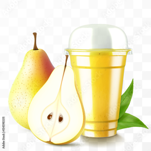 Clear plastic cup with sweet pear juice or smoothie. Cup with sphere dome cap for milkshake, lemonade. Fruity organic shake with ice cube. Fruit cocktail. Realistic 3d vector template