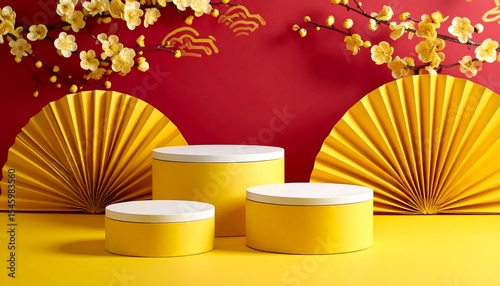 Yellow podiums with festive decorations.