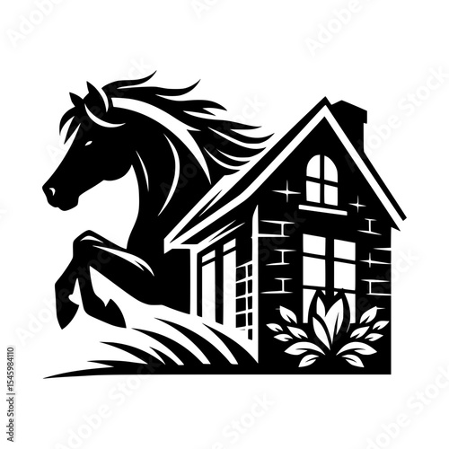 Black and white horse and house logo design