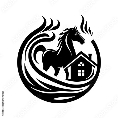Black horse and house logo design in circular frame