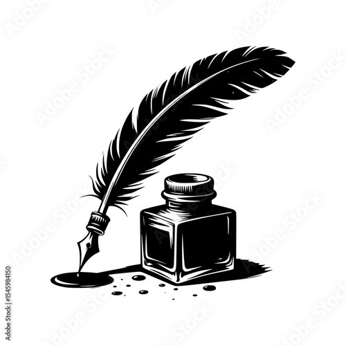 Black and white quill pen and inkwell illustration