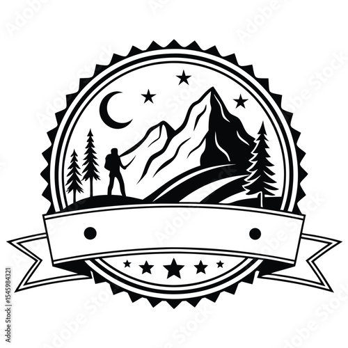 Night hiking badge mountain silhouette with backpacker and stars