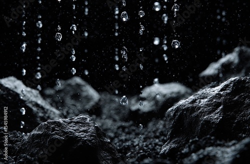 Dark, moody image of raindrops falling onto rough, dark gray rocks and coarse ground against a black background