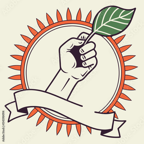 Empowering fist holding a green leaf in a sunburst circle with banner