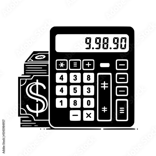 Calculator with stack of money for financial calculations