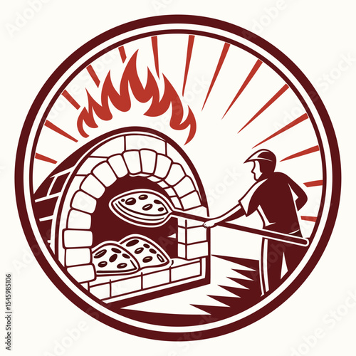 Pizza maker baking delicious pizzas in a brick oven