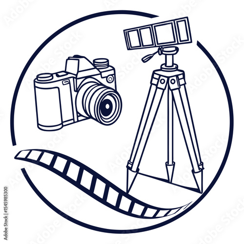 Film camera on tripod with film reel graphic design