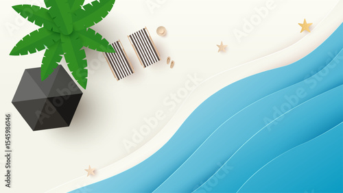 Summer, travel and holiday concept. Aerial view of sunbed, flip flops, beach ball, beach umbrella on sandy beach with copy space. Summertime background. Top view. Vector illustration