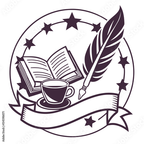 Vintage book coffee cup quill pen stars emblem design