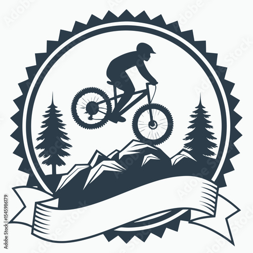 Mountain biking silhouette badge design with rider and mountains