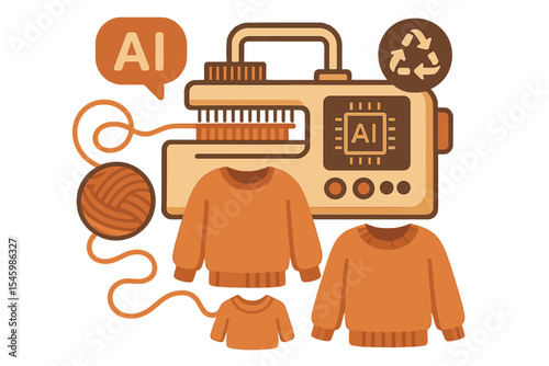 Creative process of designing sweaters with a sewing machine powered by artificial intelligence in a cozy setting