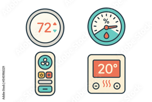 Digital thermostat and remote control display with temperature and humidity readings in a modern home setting
