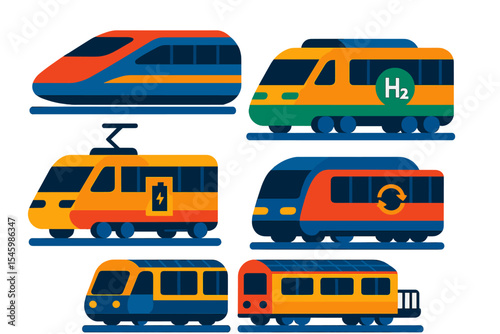 Colorful illustrations of various train types emphasizing modern transportation methods for eco-friendly travel