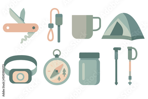 Essential camping gear including tools and equipment for outdoor adventures in a natural setting