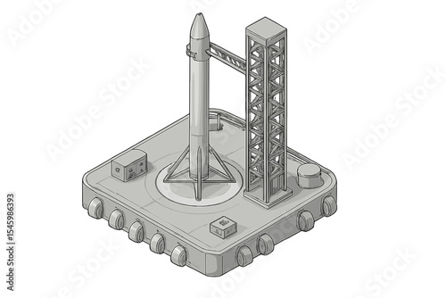 Rocket launch pad model designed for space exploration in a minimalist style with clean lines and geometric shapes