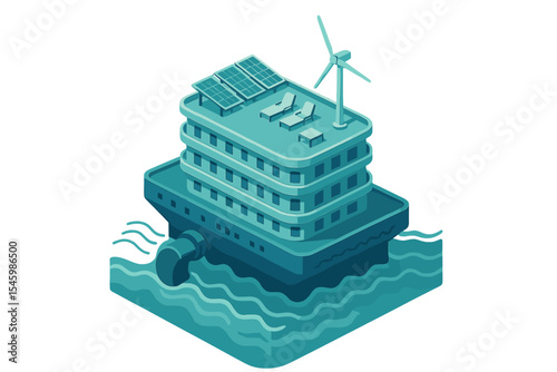 Innovative floating eco-building with renewable energy features in a water setting