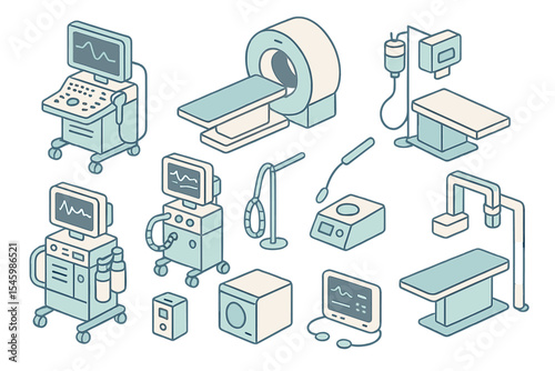 Collection of medical equipment and devices arranged in a clinical setting for healthcare purposes