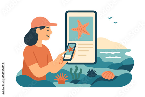 Exploring marine life with a smartphone app by the ocean at sunset