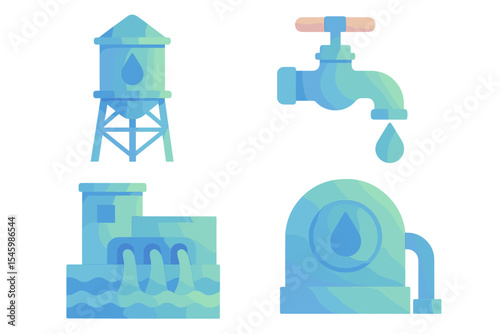 Water management elements including a tower, faucet, and pump in a soft color scheme representing utility services