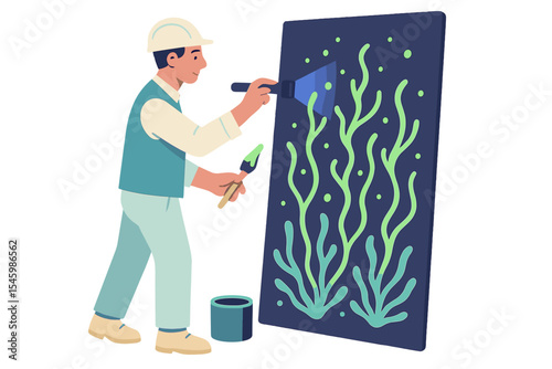 Painter works on a colorful wall mural featuring aquatic plants in an interior art studio during the day