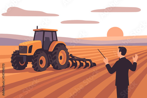 Tractor operator oversees machinery in a sunset-lit agricultural field while preparing for cultivation