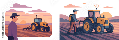 Farmer working at sunset with tractor on cultivated field and a modern tractor in the background