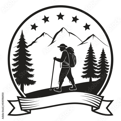 Hiking adventure emblem silhouette of backpacker in mountains