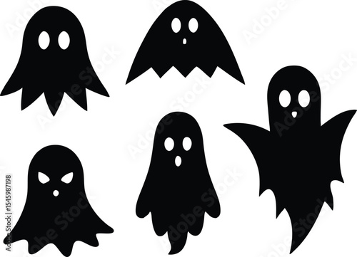 Halloween ghost icons silhouette, Halloween ghosts set line art silhouette vector illustration