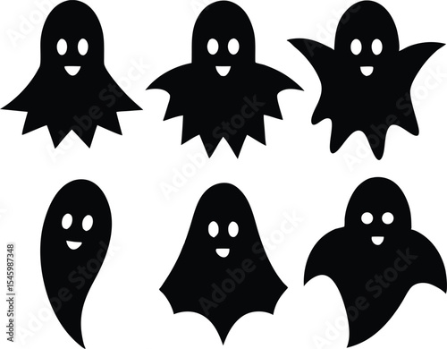 Halloween ghost icons silhouette, Halloween ghosts set line art silhouette vector illustration