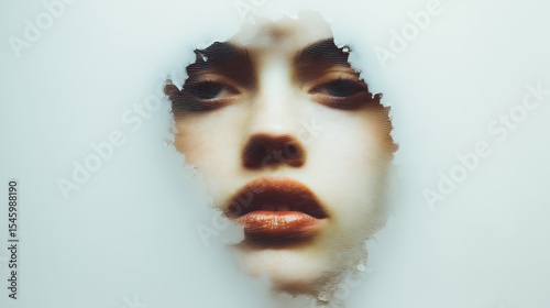 A woman's face is blurred and distorted, creating a sense of mystery