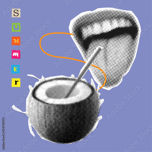 Halftone  elements for collage design with cocktail with coconut with mouth tongue out retro halftone crazy grunge template design and with summer text