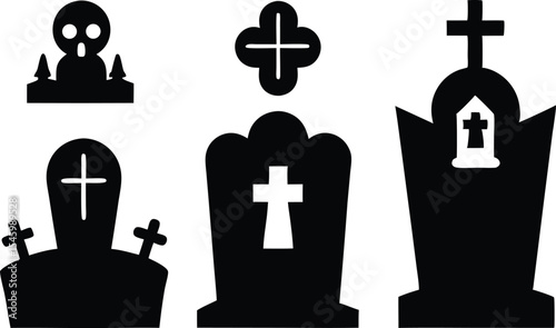 Set of halloween scary grave with hand silhouette, Halloween Horror Icon Set with Tombstones, Coffins, and Zombie Hands Illustration