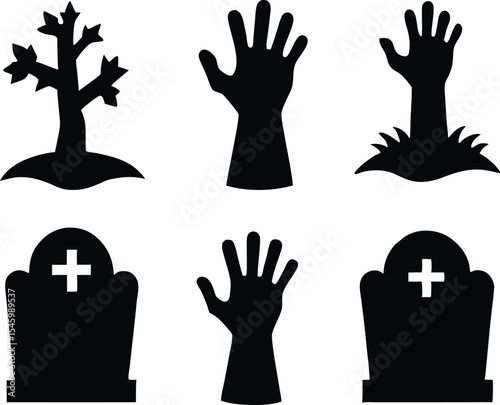 Set of halloween scary grave with hand silhouette, Halloween Horror Icon Set with Tombstones, Coffins, and Zombie Hands Illustration