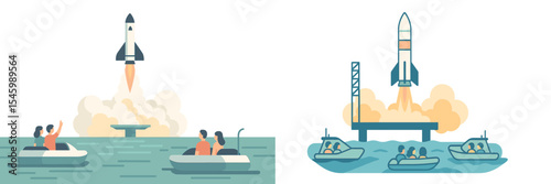 Rocket launch with spectators in watercraft witnessing the event from a nearby location