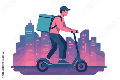 Delivery rider travels through a vibrant cityscape on an electric scooter during twilight