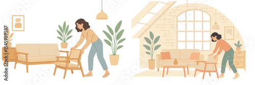 Woman rearranging furniture in a cozy living room with plants during the day