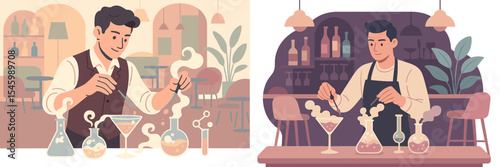 Creative experiments blending science and mixology in a stylish bar environment during the evening