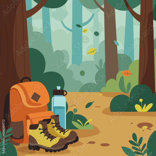 Hiking equipment with backpack and boots on forest path  