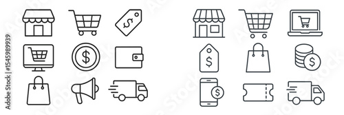 Illustrative icons depicting various aspects of shopping and commerce in a minimalistic style